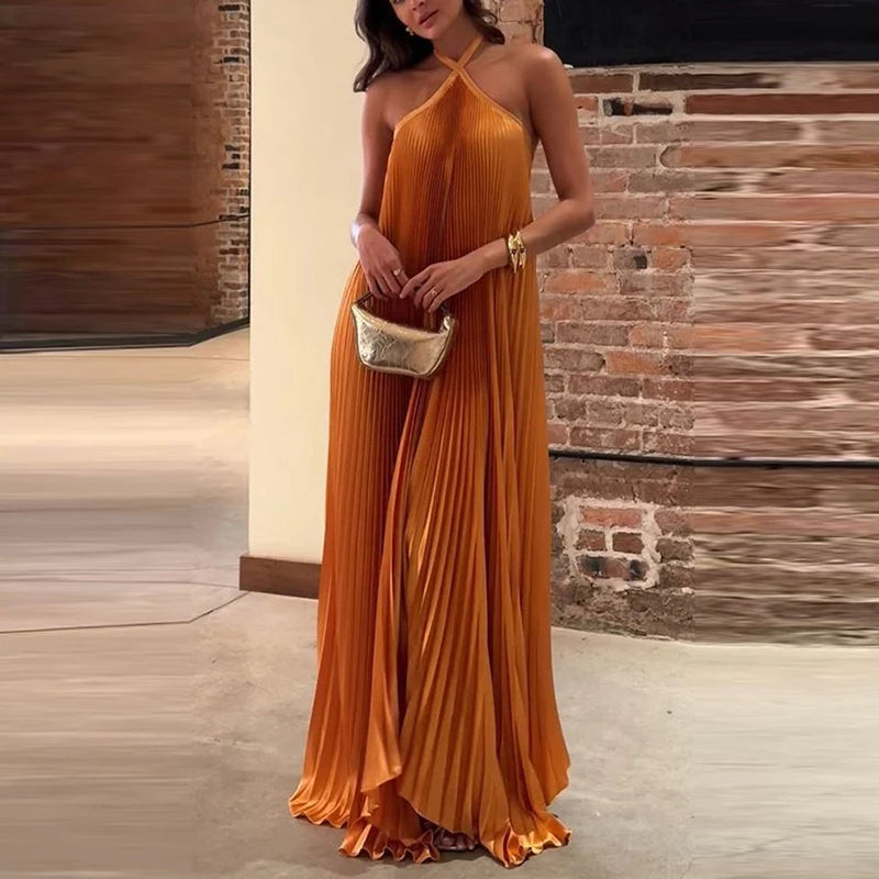 Fashion Pleated Solid Color Long Dress Sexy Halter Hollow Out Loose Evening Dress Women Elegant Sleeveless Backless Party Dress