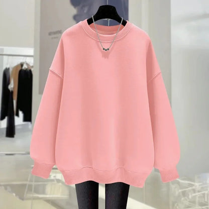 Pink Round Neck Sweatshirt Women's Fleece-Lined Thickened New Solid Color Idle Style Loose-Fit Pullover Top Autumn/Winter 2024