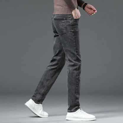 New Men's Stretch Grey Jeans Classic Slim Business Fashion Black Elasticity Denim Pants Male Brand Casual Trousers