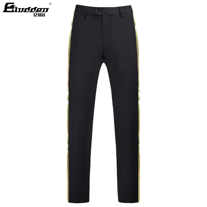 Men's black suit pants Gold leather trim Casual Male Formal Business Office Pants Elastic Straight Formal Trousers Plus big size