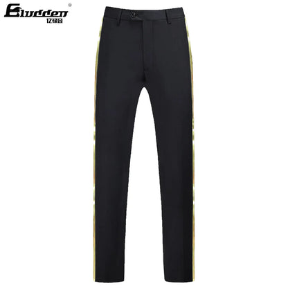 Men's black suit pants Gold leather trim Casual Male Formal Business Office Pants Elastic Straight Formal Trousers Plus big size