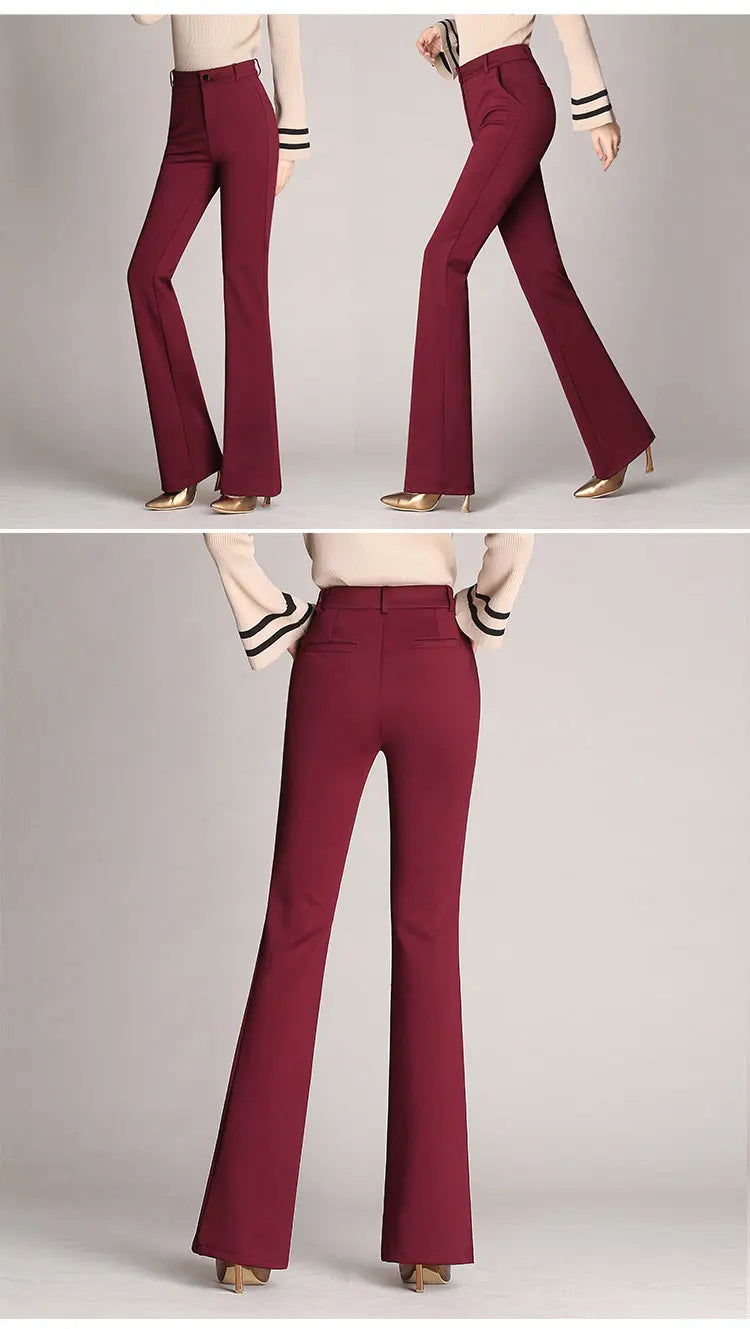 Solid Elegant Full Length Women's Pants Autumn Casual Wide Leg Flared Pants Vintage High Waist OL Ladies Career Long Trousers