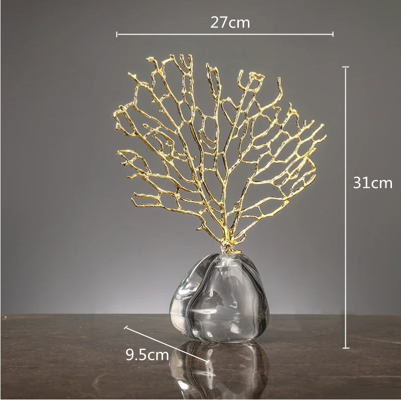 Imitation Coral Ornaments Crystal Metal Tree Glass Vase Hollow Metal Frame Resinous Coral Ocean Decorative Figurines Home Decor