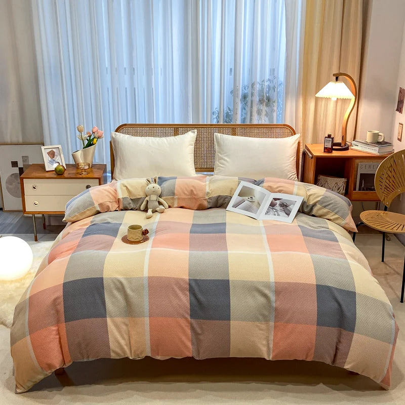 Geometric Plaid Duvet Cover 100% Cotton Queen Size Bedding Multicolor Buffalo Grid Skin-friendly Soft Quilt Cover with Zipper