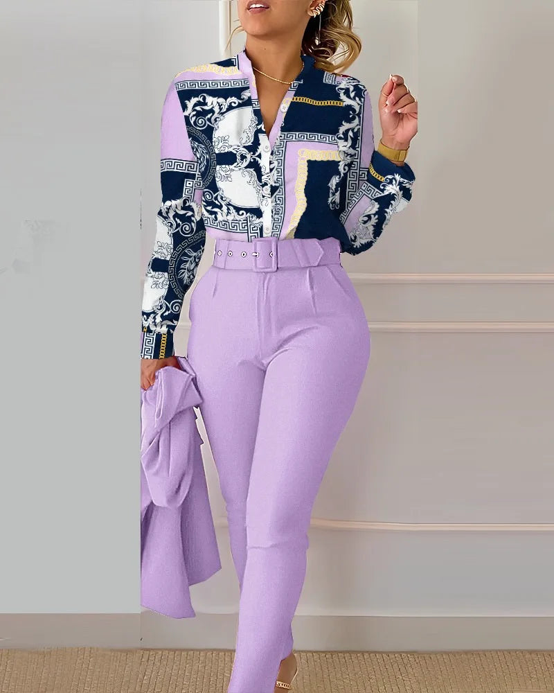 Elegant Women Two Piece Set Suits Fall New Fashion Print Long Sleeve Top Solid Color Pants Set With Belt  Blouses Female Clothes