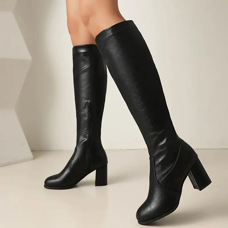 ASILETO Classic Women Knee High Boots Round Toe Block Heels 6.5cm Zipper Large Size 46 47 48 Vintage Daily Lady Riding Booties