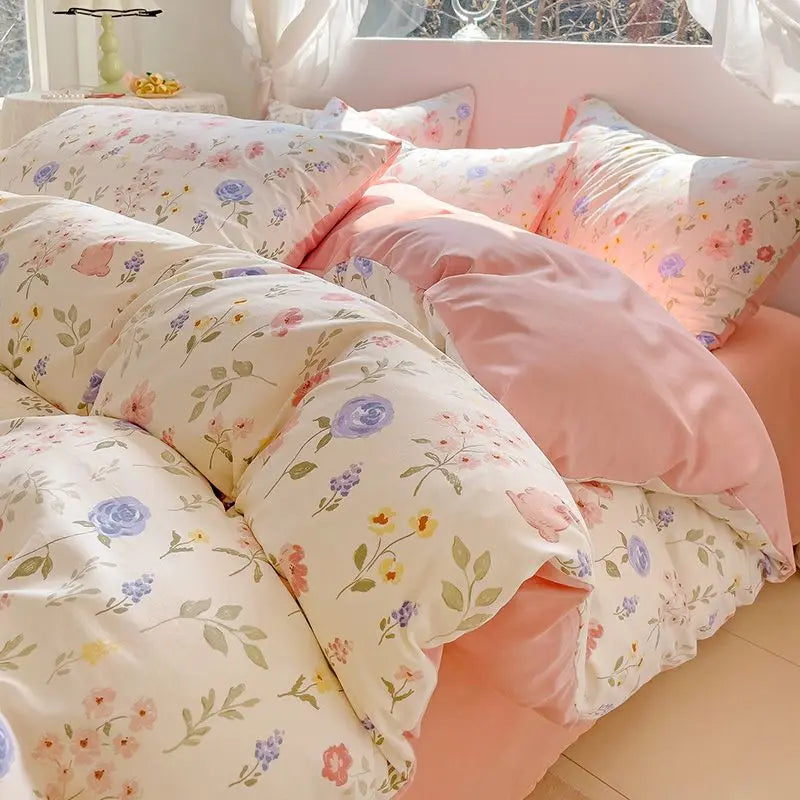 Fresh Botanical Floral Bedding Set Washed Cotton Bed Linens Single Twin Full Size Quilt Cover Sheet Set for Girls Home Textiles