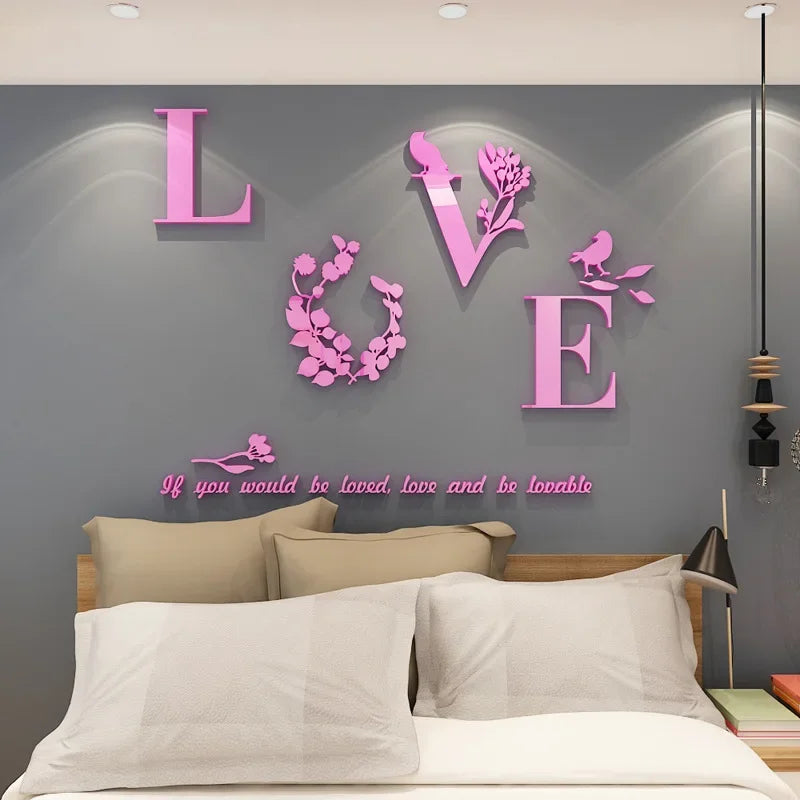 Love 3D Mirror Wall Stickers Acrylic Pink Purple TV Background Bedroom Bedside Stickers Wedding Room Home Decoration