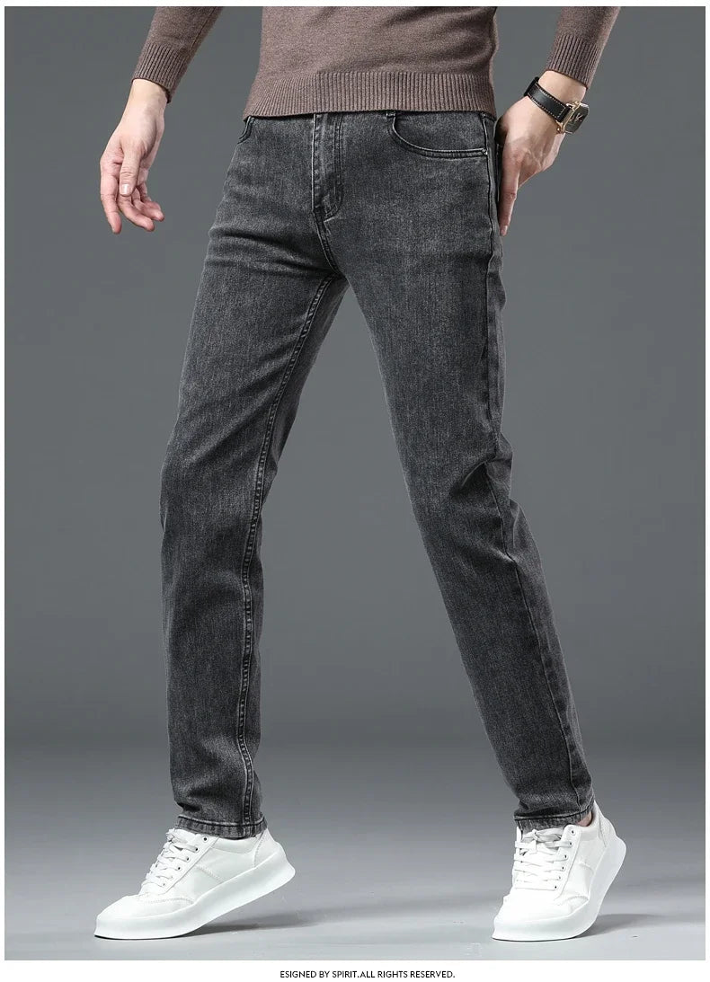 New Men's Stretch Grey Jeans Classic Slim Business Fashion Black Elasticity Denim Pants Male Brand Casual Trousers