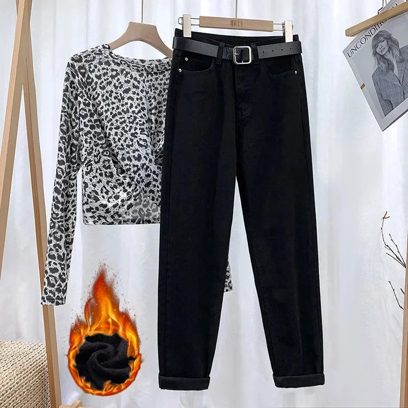 Women's Loose-Fit High-Waisted Fleece-Lined Jeans Slimming Thickened Warm Petite Nine-Point-Slim Fashion Trendy Spring Autumn Je