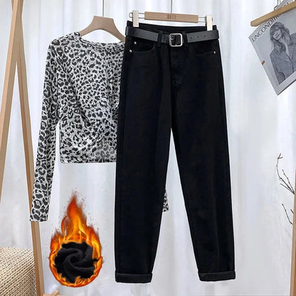 Women's Loose-Fit High-Waisted Fleece-Lined Jeans Slimming Thickened Warm Petite Nine-Point-Slim Fashion Trendy Spring Autumn Je