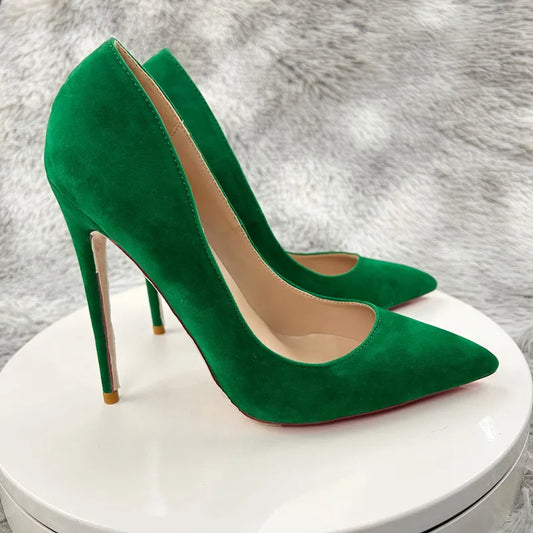 NoEnName_Null-Green high heel Suede  High Heel Shoes Sky High Pointed Toe Dress Pumps Slip-on Shallow Heels 12cm