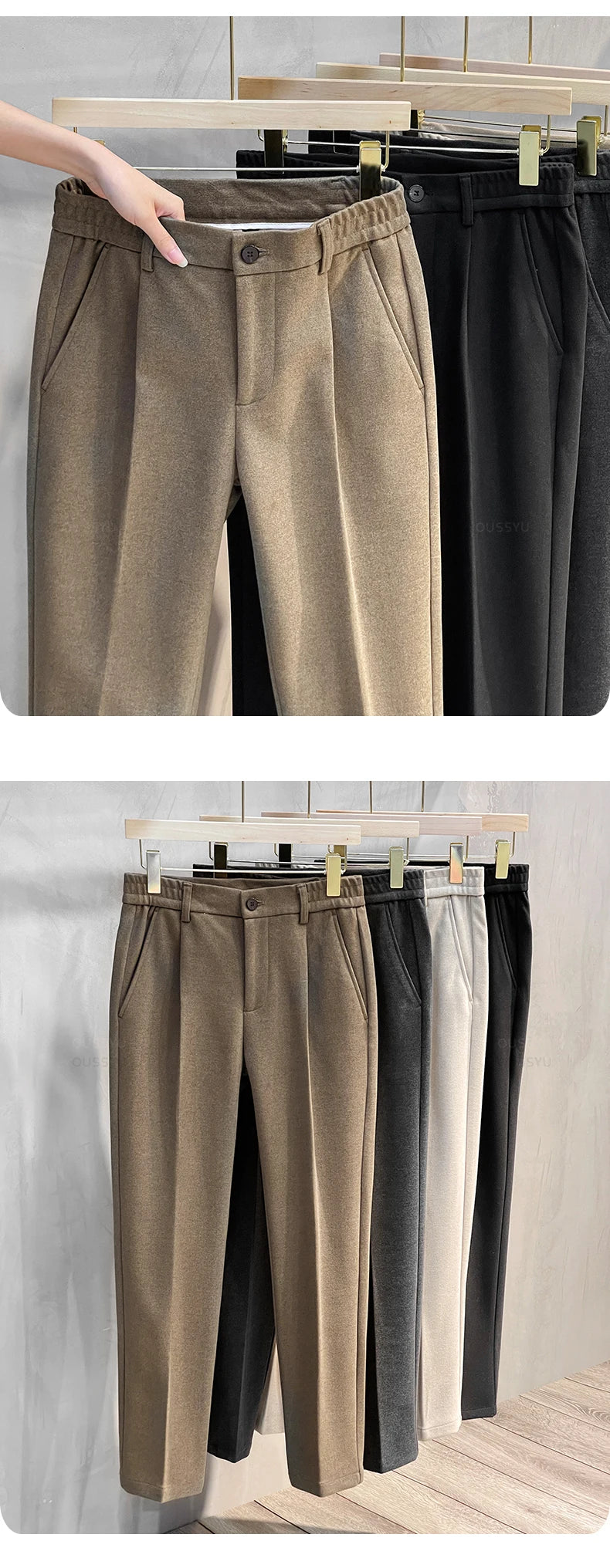 Autumn Winter Suit Pants Men Thick Business Elastic Waist Classic Grey Brown Woolen Straight Korean Formal Trousers Male 27-38