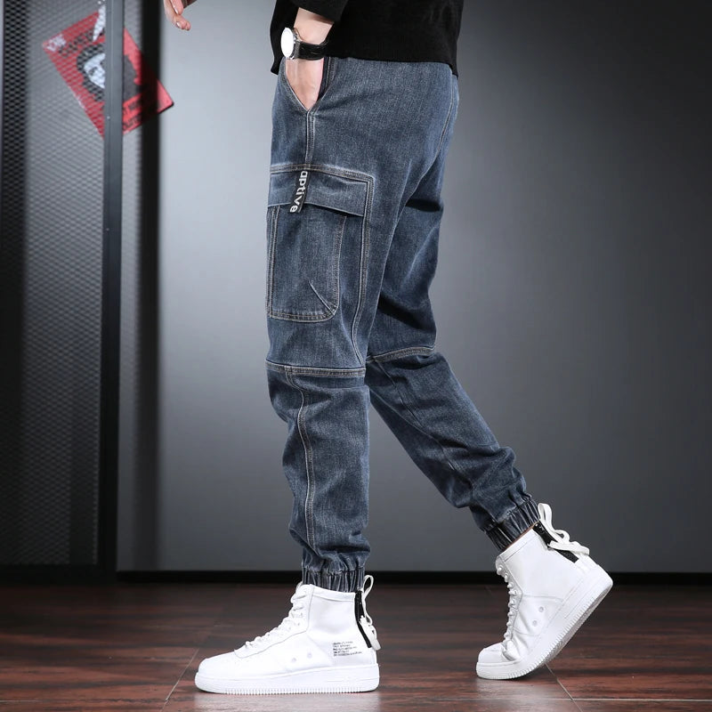 Autumn Jeans Men Baggy Cargo Pants Streetwear Hip Hop Casual Blue Gray Elastic Waist Denim Trousers CP2013