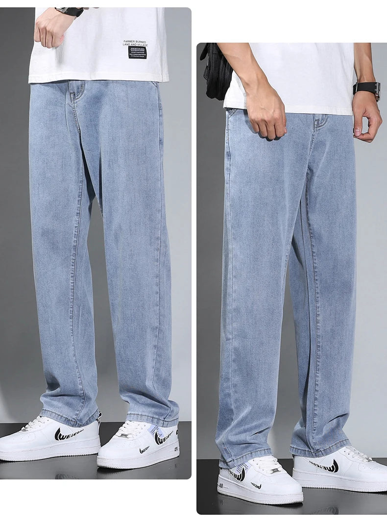 Summer Thin Men's Straight Loose Gray Jeans Soft Fabric Lyocell Fabric Light Colored Casual Pants Male Brand Trousers