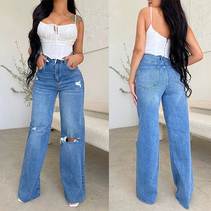 Women Jeans Wide Leg Pants Denim High Waist Zipper Fly Washing Holes Pockets High Street Ankle Length Flash Spring 2024