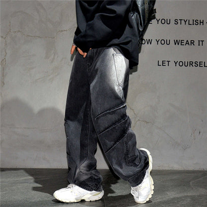 High Quality Black Vintage Casual Gradient Cargo Jeans Streetwear Straight Leg Jeans Hip Hop Denim Pants Kpop Trousers Male