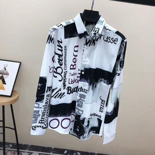 2023 Spring and Summer Fashion Minimalist Casual Long Sleeved Slim Fitting Trend Personalized Handsome Retro Casual Floral Shirt