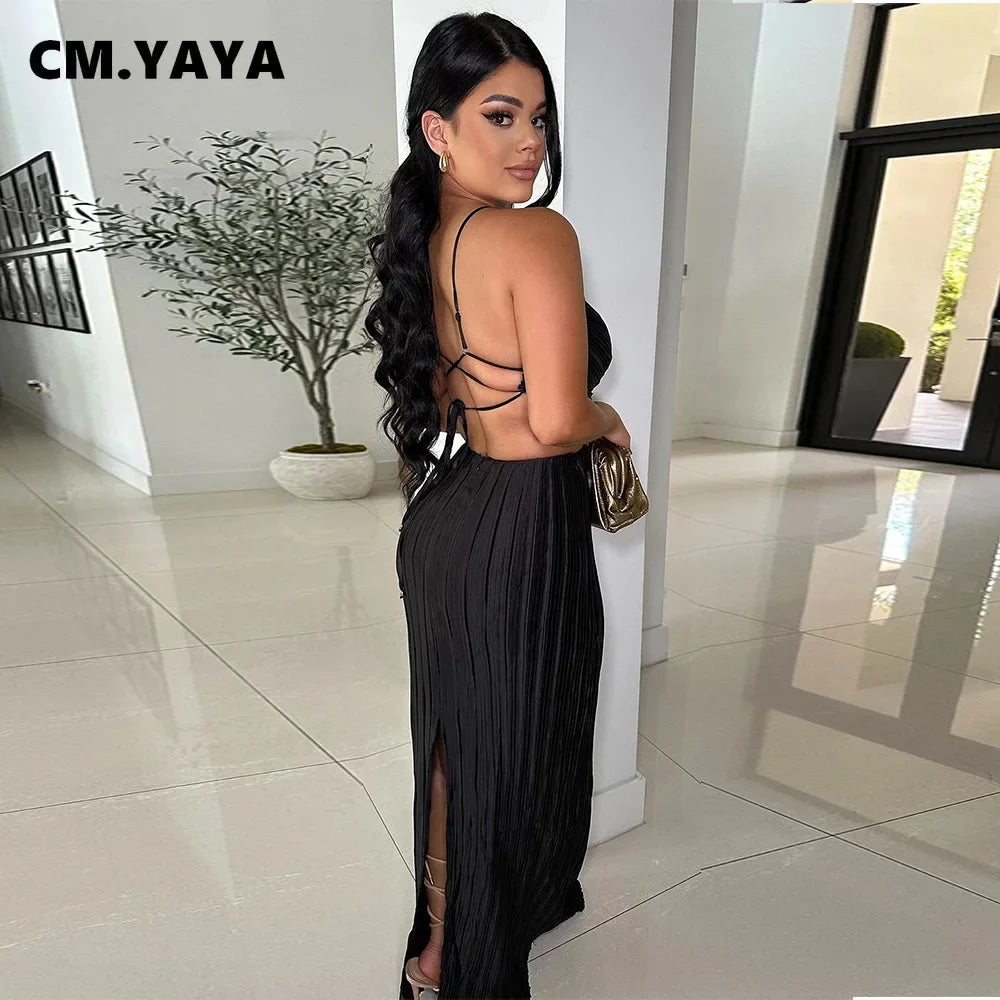 CM.YAYA Women Elegant Halter Sleeveless Long Maxi Dress Pleated Backless Beach Holiday Sexy Party Vestido Dresses 2024 Summer