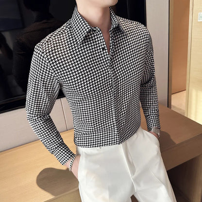 High Quality Vintage Houndstooth Long Sleeve Social Shirts For Men Clothing 2024 Business Slim Fit Casual Prom Tuxedo Non-Iron