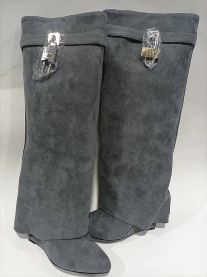 Women's new small round head trouser leg knee high metal lock buckle decoration silver wedge heel knee high boots