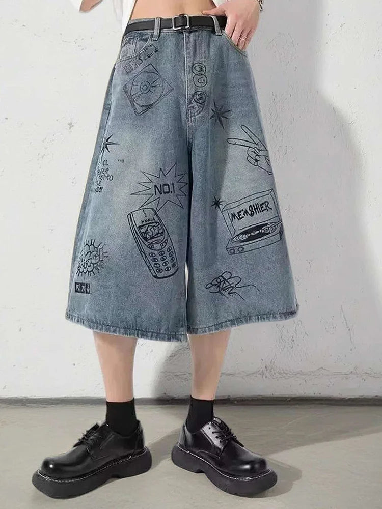 Summer Men Shorts Hip Hop Pockets Straight Wide Length Male Painted Harajuku Jeans Baggy Loose Cool Streetwear Short Pants