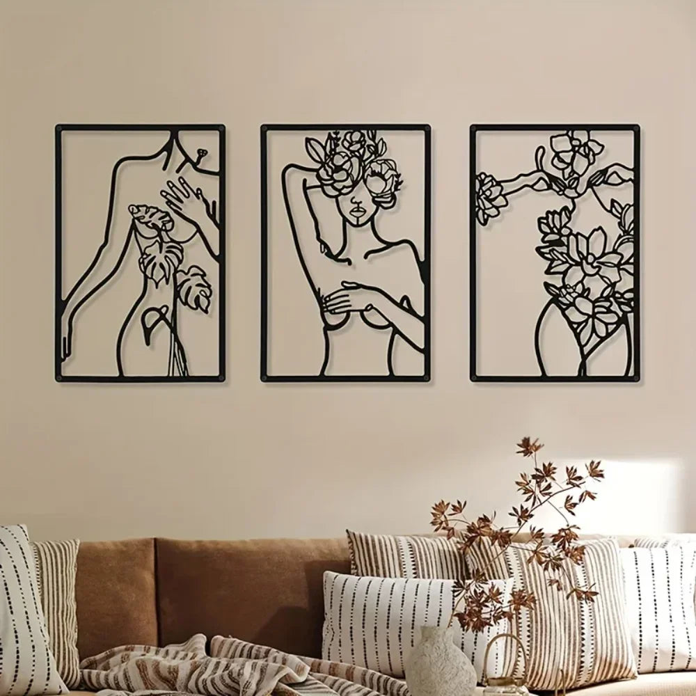 Set of 3 Minimalist Abstract Woman Wall Art Metal Line Drawings for Home Decor Elegant Accents for Bedroom Kitchen, & Bathroom