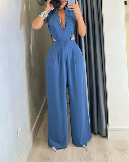 Summer Casual Suit Sets for Women 2 Pieces V-neck Sleeveless Colorblock Vest Top and Wide Leg Pants Office Set