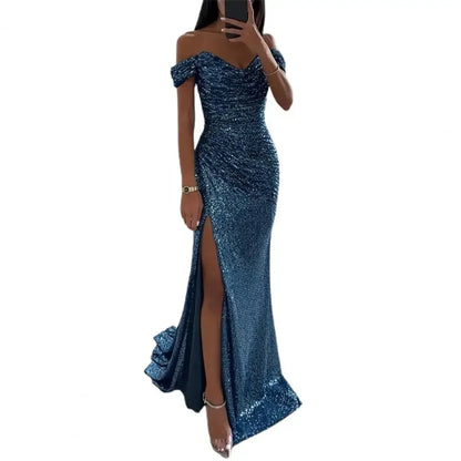 Summer Dress SkinnySequin Pleated Split Maxi Bodycon Dress Slim Fit Off Shoulder Evening Party Prom Dress Birthday Clubwear