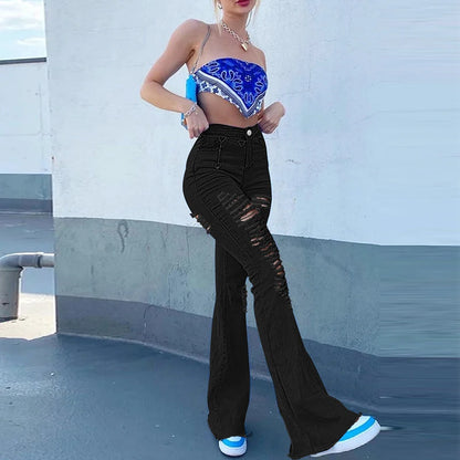 Women High Waist Black Flare Jeans Lady Bell Bottom Ripped Denim Pants Streetwear Distressed Classic Full Length Long Trouser