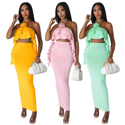 Womens Outifits Elegant Women Strapless Ruffled Top and High-waisted Slit Skirts Set Two Piece Sets Summer Sexy Split Women Sets