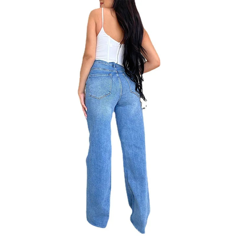 Women Jeans Wide Leg Pants Denim High Waist Zipper Fly Washing Holes Pockets High Street Ankle Length Flash Spring 2024