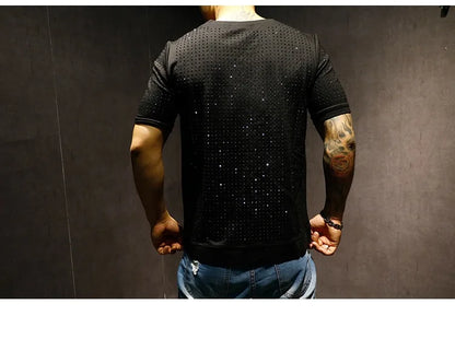 Summer High Quality New  Shiny Round Neck Pure Cotton Slim Heavy Industry Classic Full Diamond Short Sleeve T-Shirt Men