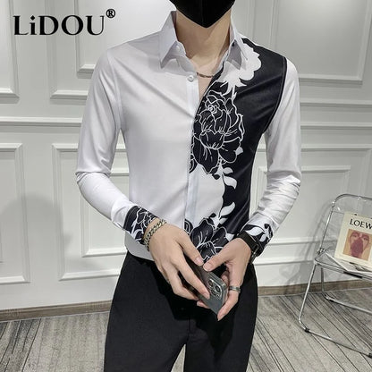 Spring Autumn New Blouse Men's Turn-down Collar Floral Printing Single Breasted Long Sleeve Shirt Fashion Casual Men's Clothing