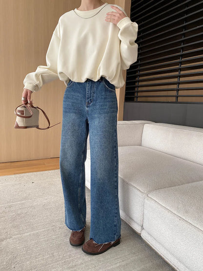 [LANMREM] Rough Edge Design Jeans Women High Waist Straight Wide Leg Denim Trousers Office Lady Clothing 2025 Autumn New 26C168