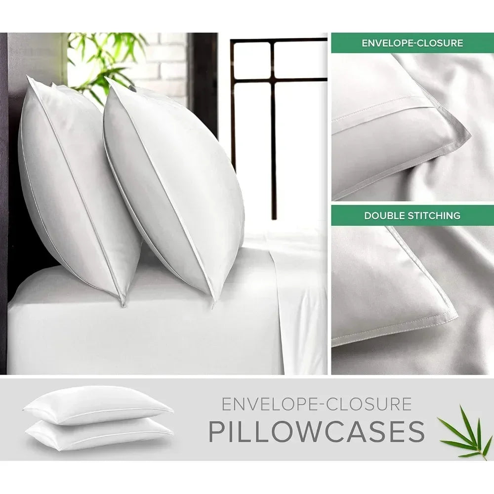 Genuine 100% Organic Viscose Derived from Bamboo Bed Sheet Set, Luxuriously Soft & Cooling, Double Stitching