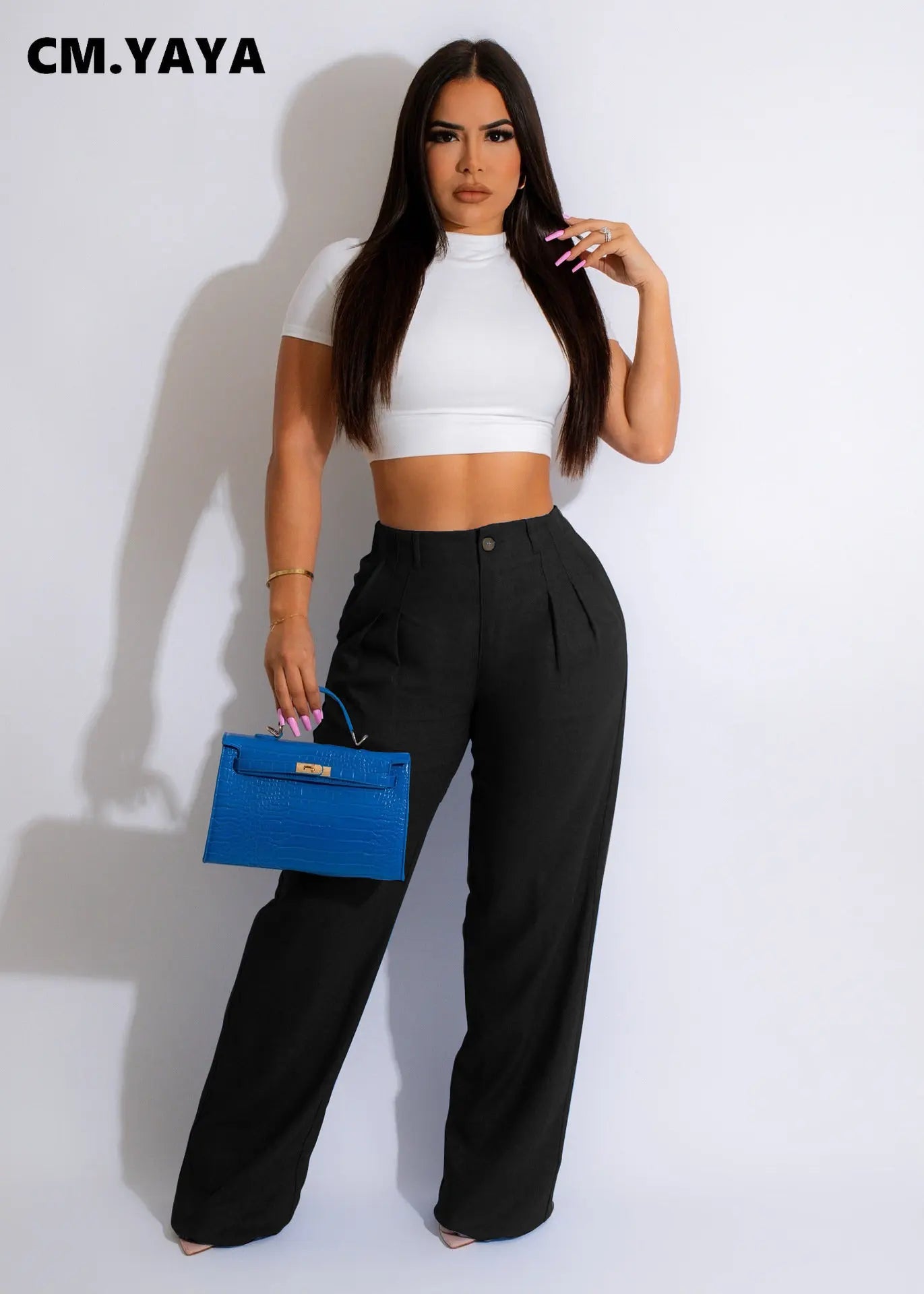 CM.YAYA Fashion Women Straight Wide Leg Zipper Fly Draped High Waist Tailored Trousers 2023 Summer OL Work Street Pants