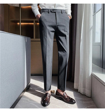 Men Boutique Black Striped Suits Pants Male Formal Wear Wedding Dress Trousers Quality British Style Business Casual Suit Pants