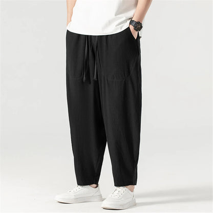 Linen Pants Men Baggy Pants Plus Size 9XL Summer Ankle-length Pants Male Solid Color Bottom Big Size 9XL