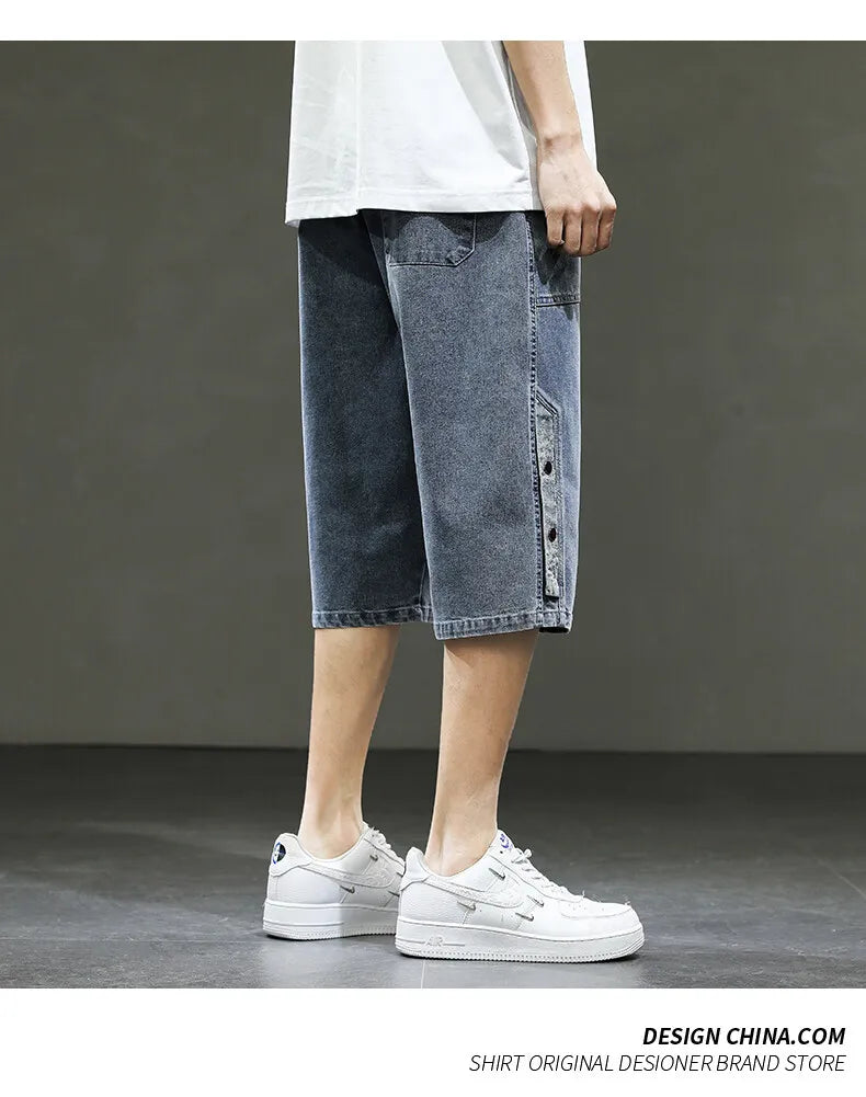 Big Size Denim Shorts Men Summer Streetwear Fashion Male Jean Shorts Y2k Baggy Plus Size 3/4 Long Black Wide Leg Korean Style