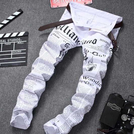 Straight Fashion White New Style Denim Jeans Long Thin Trousers Men's Pants Newspaper Printing Four Season Plus Size 40 42