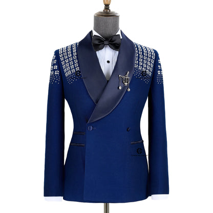 Cenne Des Graoom 2024 Blue Elegant Men's Suits Double-Breasted Jewelry Ornament Handmade Tuxedo Pants for Wedding Groom Party