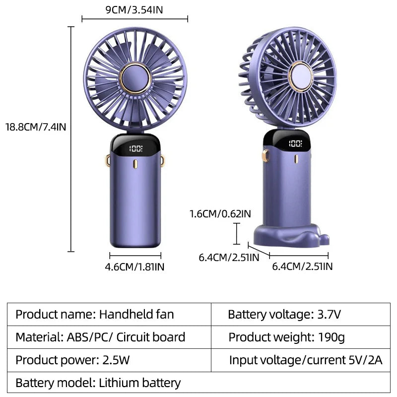 LED mini digital display electric fan, foldable stand supports USB charging, and multiple gears can be adjusted.