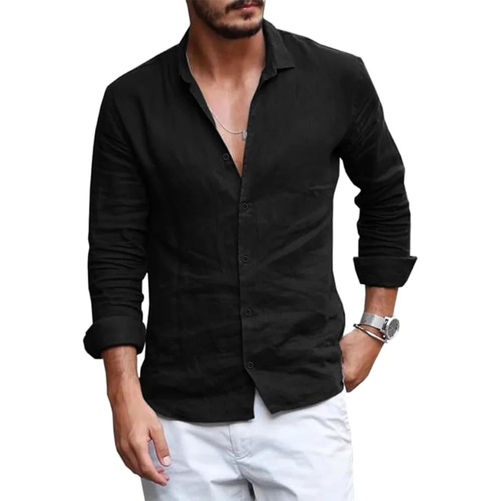 Summer Men Shirt Beach Cotton and Linen Shirts Men Cardigan Tops Long Sleeved Lapel Collar Men Clothing