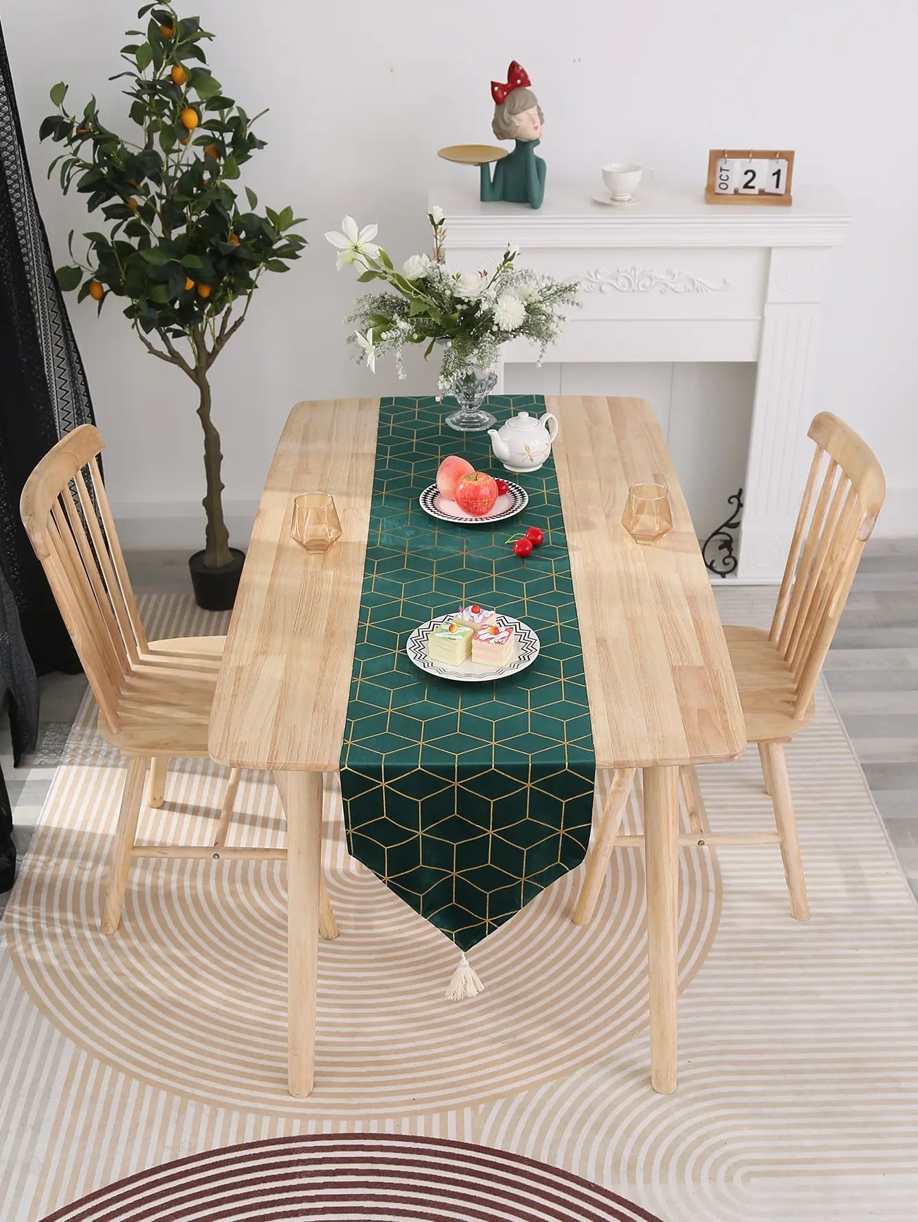 Green Geometric Table Runner 9FT Hunter Emerald Green Table Runner with Gold Foil Patterns