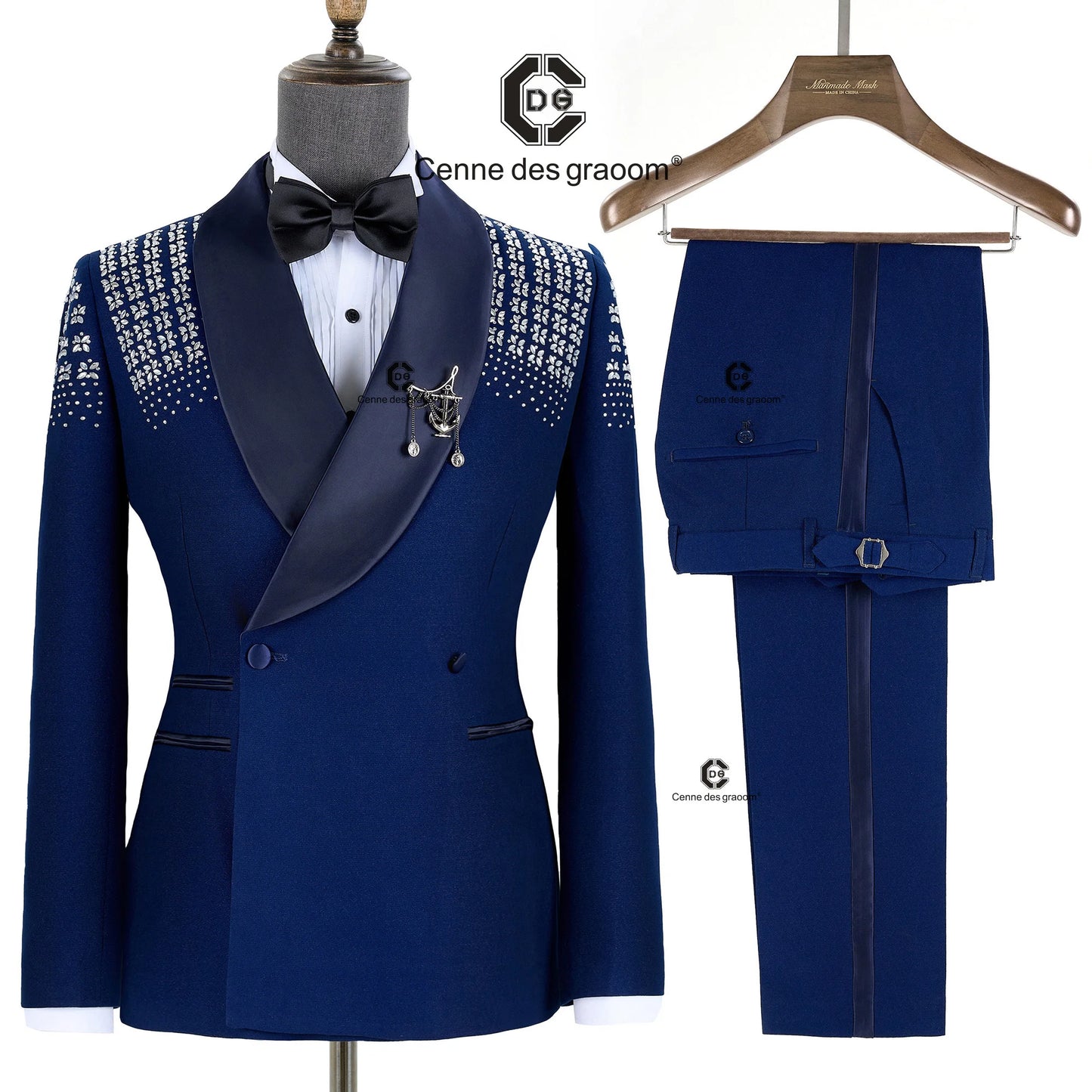 Cenne Des Graoom 2024 Blue Elegant Men's Suits Double-Breasted Jewelry Ornament Handmade Tuxedo Pants for Wedding Groom Party