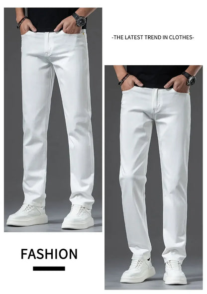 2024 New Summer Thin Men's Straight Denim Cotton Stretch Creamy-white Jeans Classic Business Pants Fashion Trousers Male Brand