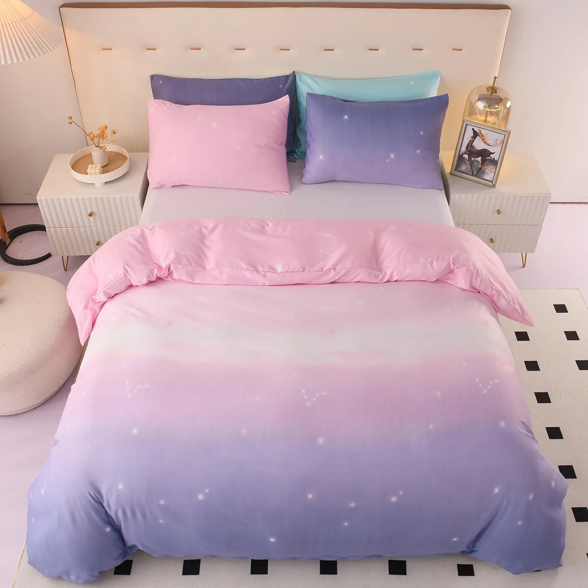 3pcs Fantasy Pink and Purple Gradient Duvet Cover Set Microfiber Galaxy Bedding Set Starry Sky Print Quilt Cover For Girls Room