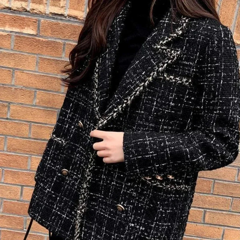 New Vintage Plaid Tweed Blazers Autumn Winter Thicken Fashion Jackets Female Double Breasted Elegant Black Coats Outwear D92