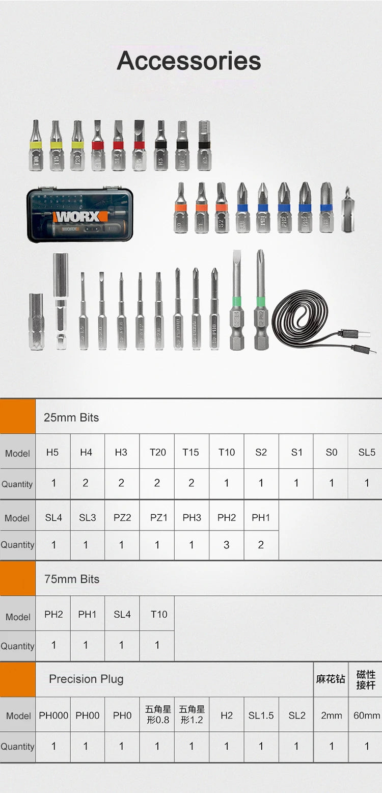 Worx 4V Mini Electrical Screwdriver Set WX242 WX241 WX240 Smart Cordless Electric Screwdrivers USB Rechargeable Hand Drill Tools